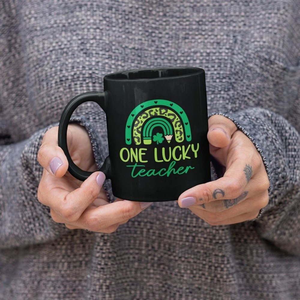 One Lucky Teacher Coffee Mug, Green Rainbow Pencil, St. Patrick's Day Black 11oz
